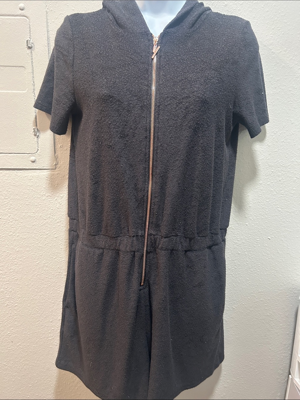 Black Short-Sleeve Hooded Zip Romper